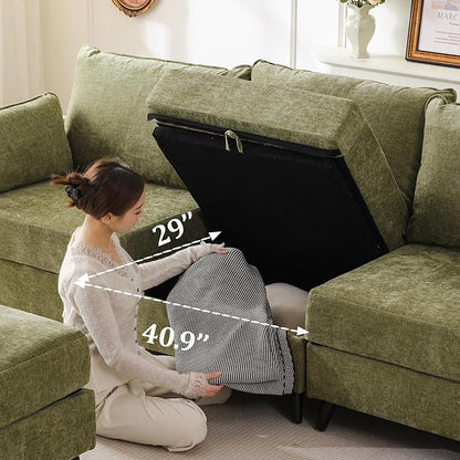 135'' Modular Sectional Couch with All Seats Storage,Oversized 3-Seater Comfy Sofa with 7.8'' Upholstered Cushion,Big Couches with Throw Pillows for Living Room,Bedroom,Chenille,Green