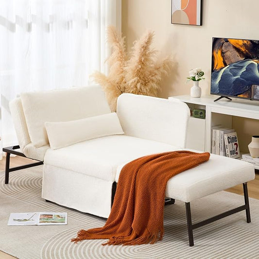 ZZW Sleeper Chair Bed Upgrade 4-in-1 to 5-in-1 Convertible Multi-fuction Sofa Chair w/Adjustable Backrest Assembly-Free Linen Folding Sofa Ottoman Bed for Living Room Apartment (Wool White)