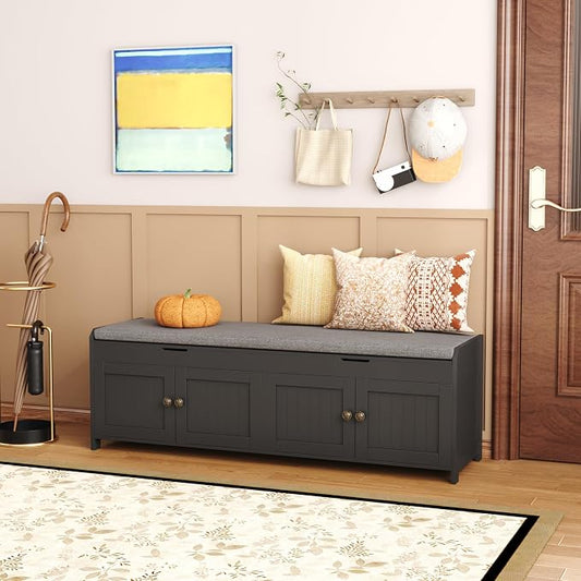 HOMEFORT 54.4" Shoe Bench with Lift Top Storage, Entryway Bench with Cushioned Seat, Wooden End of Bed Bench, Shoe Cabinet Bench with Hidden Storage Space, for Bedroom, Hallway,Black