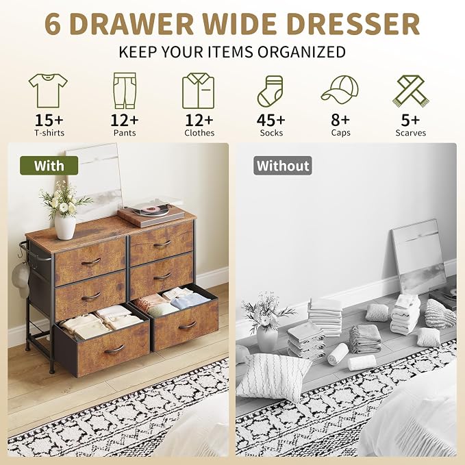 Dresser for Bedroom with 6 Drawers, Small Fabric Dresser for Kids Bedroom, Chest of Drawers, Storage Organizer Dresser for Closet, Nursery, Dorm, Apartment, TV Stand, Wood Top Side Hooks, Rustic Brown