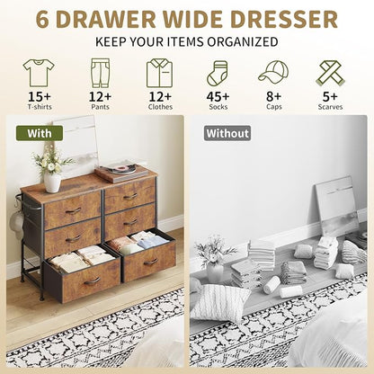 Dresser for Bedroom with 6 Drawers, Small Fabric Dresser for Kids Bedroom, Chest of Drawers, Storage Organizer Dresser for Closet, Nursery, Dorm, Apartment, TV Stand, Wood Top Side Hooks, Rustic Brown