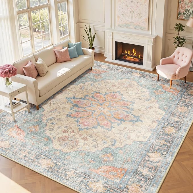 RELEANY Area Rugs Large 10'x14' Washable Non-Slip, Floral Vintage Distress Medallion Carpet for Living Room Bedroom Dining Room, Blue Orange Red