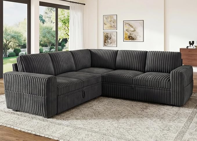 HONBAY Modular Sectional Sleeper Sofa with Pull Out Bed,Corduroy L Shaped Couch with Storage, Sectional Couches for Living Room,Dark Grey