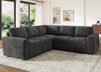 HONBAY Modular Sectional Sleeper Sofa with Pull Out Bed,Corduroy L Shaped Couch with Storage, Sectional Couches for Living Room,Dark Grey