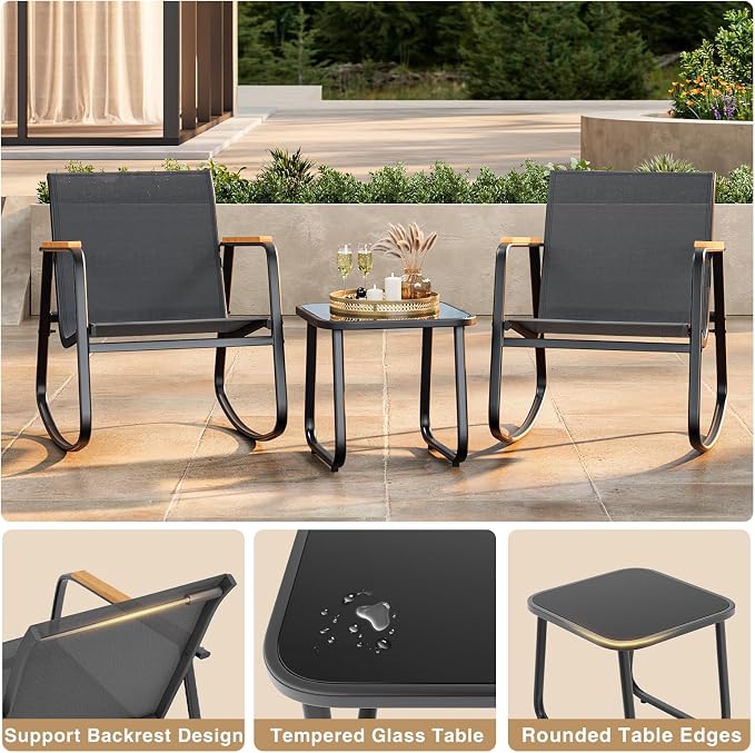 Ahomly 3 Pieces Patio Furniture Set Textilene Fabric Outdoor Patio Rocking Bistro Set with Wooden Armrests and Coffee Table for Lawn, Porch, Balcony, Poolside, Black
