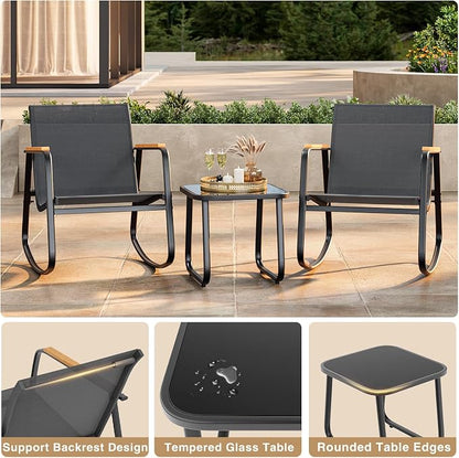 Ahomly 3 Pieces Patio Furniture Set Textilene Fabric Outdoor Patio Rocking Bistro Set with Wooden Armrests and Coffee Table for Lawn, Porch, Balcony, Poolside, Black