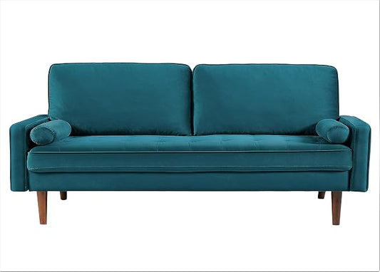 Container Furniture Direct Velvet Tufted Sofas for Living Room, Classic Mid-Century Style with Modern Silhouette, Button Tufting and Wood Legs, Includes 2 Bolster Pillows, Couch, Greenish Blue