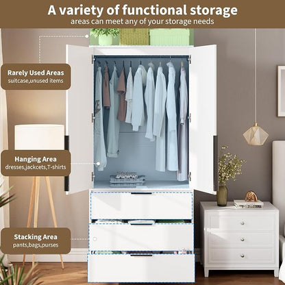 Garvee 70" Wardrobe Armoire Wooden Closet with 2 Doors and 3 Drawers, Bedroom Armoire with Hanging Rod Shelf, Large Capacity Storage Wardrobe Armoire, Freestanding Wooden Closet Storage Cabinet