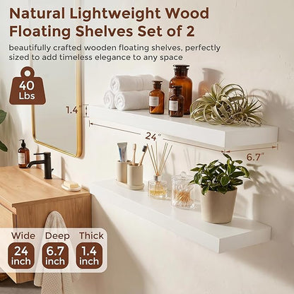 fuqing White Floating Shelves | 24 Inch Wood Floating Shelves for Wall Set of 2 | 24" W x 6.7" D x 1.4" H Rustic White Wooden Shelves for Bathroom Living Room Bedroom Kitchen