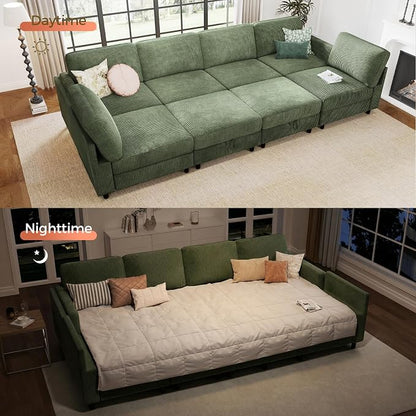KKL Modular 8 Seater 108 Inch Sofa Bed - 2 * 4 Sectional Sleeper Sofabed with Storage Ottoman, Convertible L/U Shaped Sleeper Couch for Living Room, Modern Reversible Design, Green