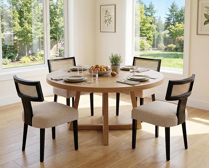 RIVOVA Rattan Dining Chairs Set of 4, Modern Dining Chair, Kitchen Dining Room Chair, Curved Cane Back Upholstered Linen Fabric Dining Chairs with Black Wood Frame, Beige