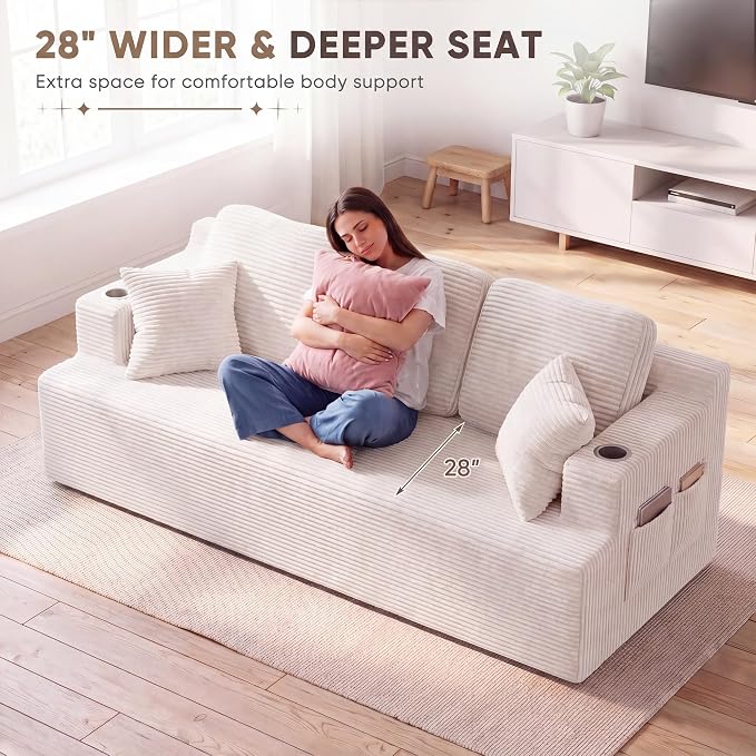 Homall 87” Boneless Sofa Couch with 2 Pillows Extra Deep Seats, Corduroy Fabric 3 Seater with Cup Holder & Storage Pocket Upholstered Floor Easy Installation (White, 3 Seater)