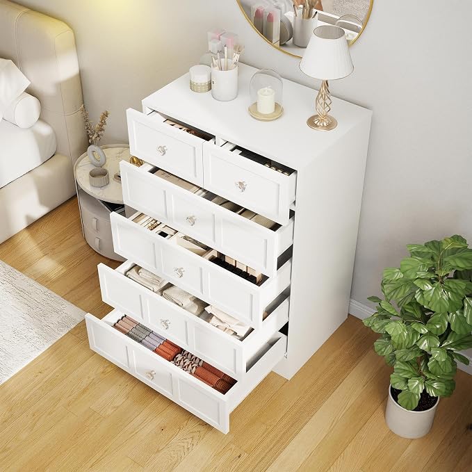 6 Drawer Dresser for Bedroom: 24" Fluted White Dresser Deep Drawers, Modern Chest of Drawers for Bedroom, Fluted Wood Dressers for Living Room, Hallway