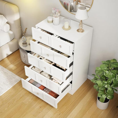 6 Drawer Dresser for Bedroom: 24" Fluted White Dresser Deep Drawers, Modern Chest of Drawers for Bedroom, Fluted Wood Dressers for Living Room, Hallway