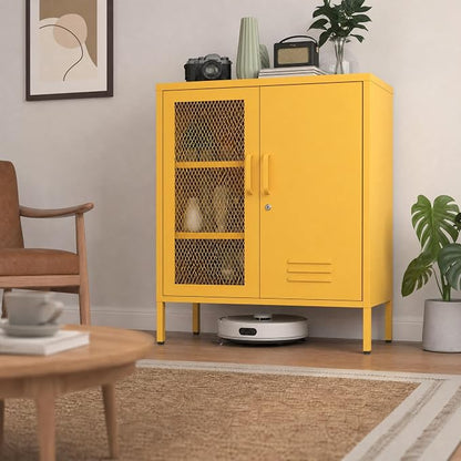 Yellow Lockable Metal Storage Cabinet, Multi-Functional Locker with Adjustable Shelf,Metal Double Door Sideboard for Kitchen Home Office Size：33" H X 29.5" W X 13.8" D
