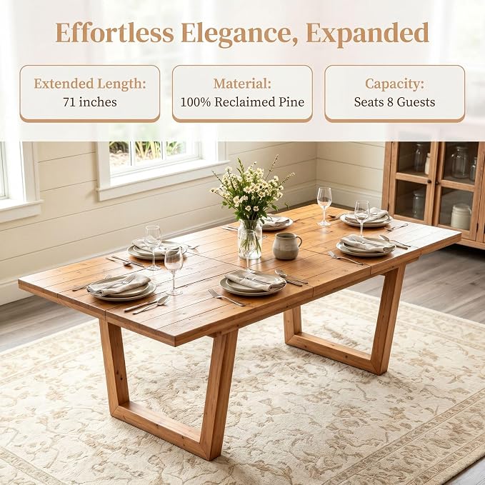chairus 55"-71" Extendable Reclaimed Wood Dining Table with Butterfly Leaf | Hidden Butterfly Leaf Extends from 55" to 71", Reclaimed Pine Table, Seats 4-8, Sturdy U-shaped Wood Legs, Farmhouse Style