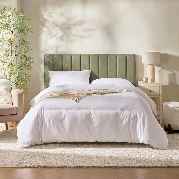 Hearth & Harbor Wall Mounted Full Headboard Only, Bed Headboard Full Size | Easy Assemble, Floating Peel & Stick, Upholstered Channel Stitched, 3D Wall Panels, 5 Strips of 3M Tape Included, Olive Green