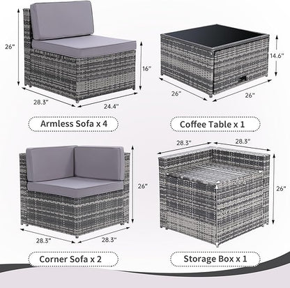 KROFEM 8-Piece Patio Furniture Set, Outdoor Wicker Rattan Sectional with Thick Cushions, Glass Top Table with Hidden Storage, Outdoor Conversation Set for Backyard, Porch, Patio, Grey
