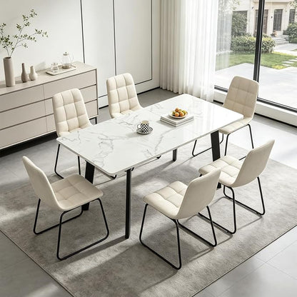 47.2"-63" Expandable Dining Room Table Set for 4-8 People, White | Removable Extension Leaf, Durable MDF Rectangle Tabletop, 6 Beige Sleek Faux Leather Chairs, Heavy Duty Modern Kitchen Table