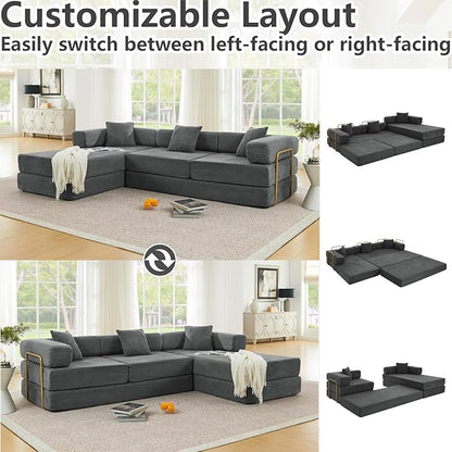 HANXIN 108" Modular Sectional Sofa, Futon Convertible Sofa Bed,Oversized Corduroy Boneless Couch for Living Room,Floor Loveseat Sleeper with Pull Out Bed,Free Combination,No Assembly Required (Grey)