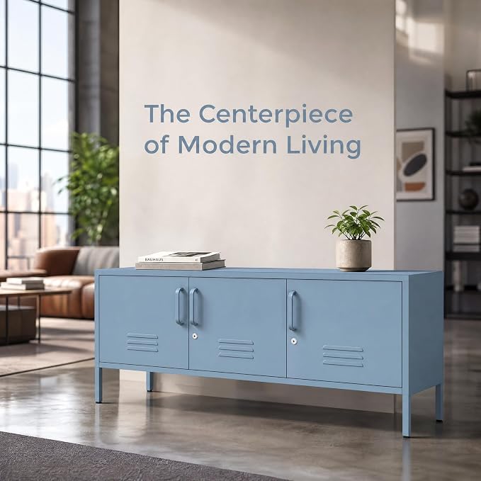Metal Storage Cabinet-22"Tall Steel TV Stand Cabinet Adjustable Shelves storage locker Lockable Blue Metal Cabinet for Home Office Bedroom Living Room Balcony Entryway Size：22" H X 47.3" W X 13.8" D