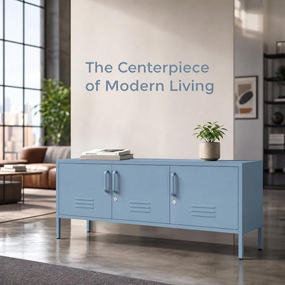 Metal Storage Cabinet-22"Tall Steel TV Stand Cabinet Adjustable Shelves storage locker Lockable Blue Metal Cabinet for Home Office Bedroom Living Room Balcony Entryway Size：22" H X 47.3" W X 13.8" D