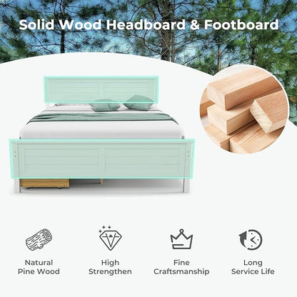 Giantex Wood Full Size Bed Frame with 2 Storage Drawers, Solid Wood Platform Bed with Headboard, Wooden Slats Mattress Foundation, No Spring Needed, Full Bed Frame for Kids, Teens, Adults, White