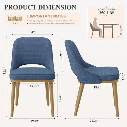 Modern Upholstered Dining Chairs Set of 4, Open Back with Solid Wood Legs, Ergonomic Curved Back Fabric Kitchen Chairs for Dining Room & Kitchen, Living Room Side Chairs, Farmhouse, Blue