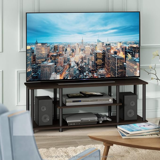 Furinno Turn-N-Tube No Tools 3D 3-Tier Entertainment TV Stand up to 50 inch TV, Round Tubes, Dark Brown / Black