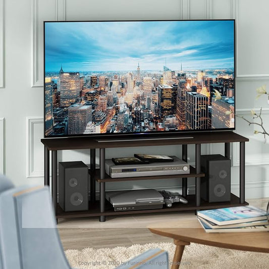 Furinno Turn-N-Tube No Tools 3D 3-Tier Entertainment TV Stand up to 50 inch TV, Round Tubes, Dark Brown / Black