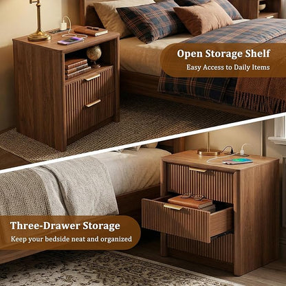 LYNCOHOME 23" Fluted Nightstand with Charging Station, 3 Drawer Bedside Table, Modern Night Stand with Curved Edge Design, Wooden End Table for Bedroom, Rounded Night Stand with Storage, Walnut, Brown