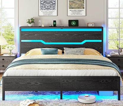 Homkdom King Size Bed Frame with USB Ports & LED Lights, Headboard Shelf, Heavy Duty Metal Platform with 10.24" Underbed Storage, Noise-Free Slats, No Box Spring Needed, Modern Black