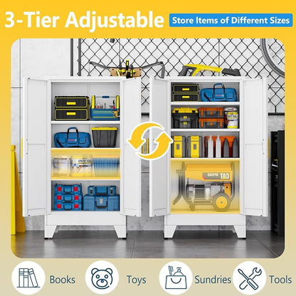 PAOFIN Metal Storage Cabinet with 2 Doors and 3 Adjustable Shelves, Metal Garage Storage Cabinets, File Cabinet,Steel Tool Cabinets for Home,Office,Garage,School,Warehouse (White)