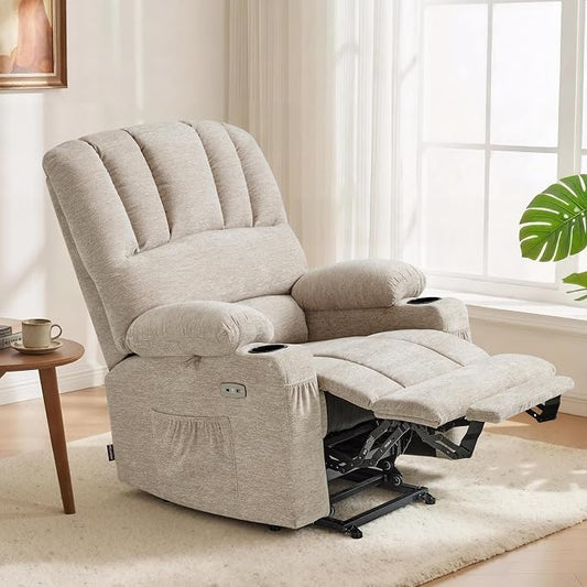 MCombo Large Power Lift Recliner Chair for Elderly, Lift Chair with Heat and Massage, 3 Positions, USB Charge Ports, Cup Holders, Fabric 7099 (Large, Beige)