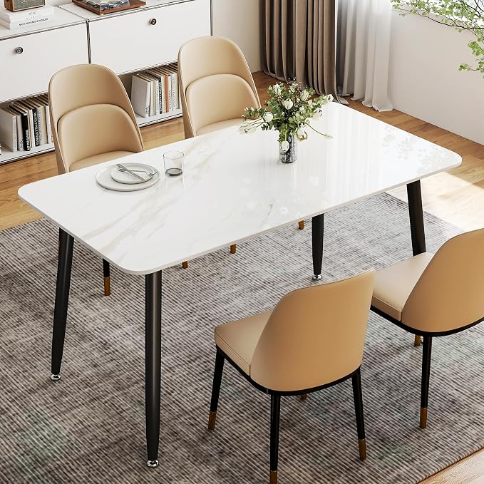 55" White Glossy Rectangular Sintered Stone Dining Table With Metal Legs | Versatile kitchen furniture for indoor and outdoor placement, matched with adjustable silent foot pads.