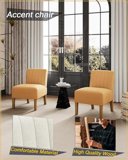 VIRRMO Armless Accent Chairs Set of 2 for Living Room, Modern Slipper Chair Living Room Chairs with Solid Wood Legs,Makeup Vanity Chair Fabric Comfy Upholstered Arm Chairs Accent Chairs,Yellow