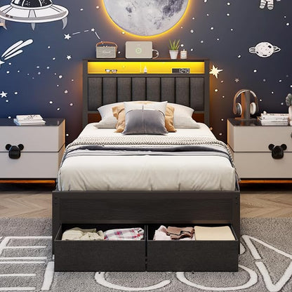 Furnulem Twin Bed Frames with Storage Drawers and Upholstered Headboard | Grey Metal Platform Bed with Charging Station, LED Lights, 2 Tier Shelves, Fabric Drawers. No Box Spring Needed, Noise Free