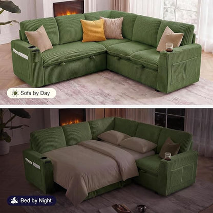 Sectional Sleeper Sofa with Pull Out Bed, Plush Corduroy 5 Seat Modular Sectional Sofa with Storage Chaise and Adjustable Backrest, Cloud Couches for Living Room, Apartment, Green