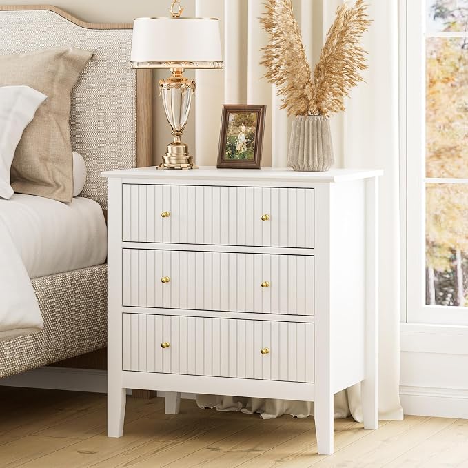 Night Stand, Fluted 3 Drawer Wide Farmhouse Nightstand with Gold Handle, Modern Wooden Bedside End Table for Bedroom, Living Room, White