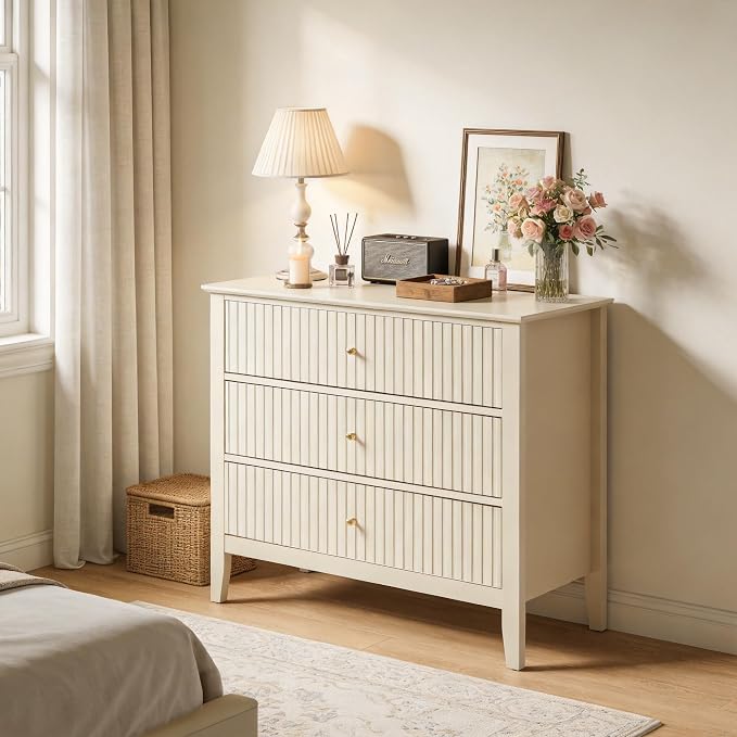 RoyalCraft 32" Large Nightstand Set of 2, Fluted Painted Bedside Table with 3 Spacious Drawers, Modern Tall End Table for Bedroom, Beige