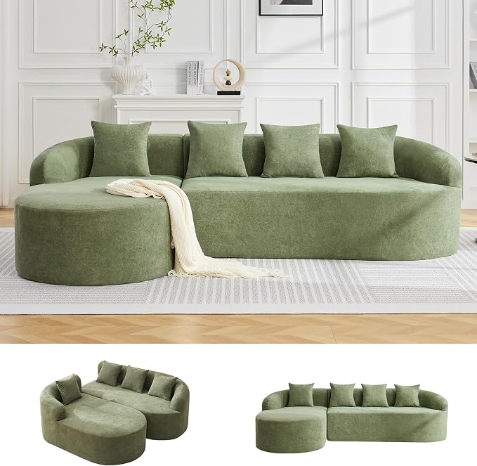 105.5" Boneless Curved Couch, L Shaped 4-Seater Cloud Couch with Deep Seat Chaise, Oversized Curved Sofa, Chenille Modular Sectional Couches for Living Room, No Assembly, Green