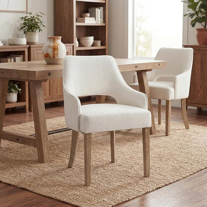 Linen Upholstered Dining Chairs Set of 2 with Arms | Cream Linen Fabric, Breathable Upholstery, Curved Backrest, Cushioned Seat, Solid Wood Legs, Farmhouse Style For Dining Room