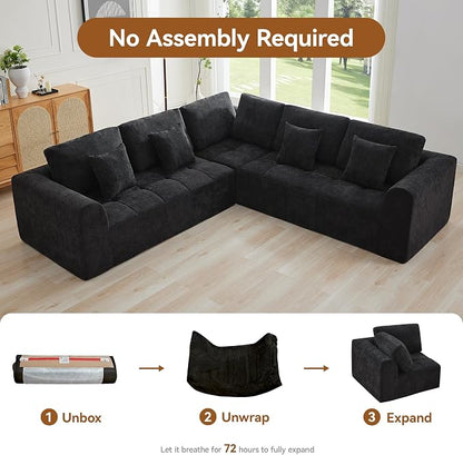 110''Modular Sectional Couches for Living Room, Cloud Boneless Compressed Sectional Sofa, Oversized L Shaped 5 Seater Upholstered Memory Foam Sofa, No Assembly, Chenille Black