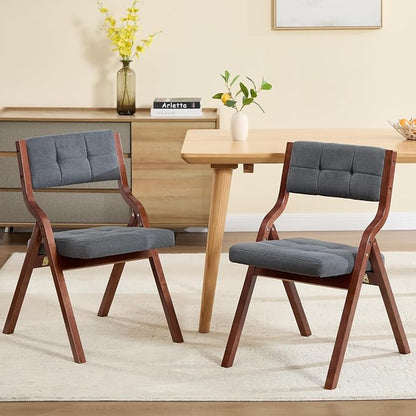 Folding Chairs with Cushion Set of 4,Padded Foldable Dining Chairs,Portable Wooden Folding Dining Chairs for Dining Room Kitchen Wedding Party Indoor Linen Walnut Darkgrey