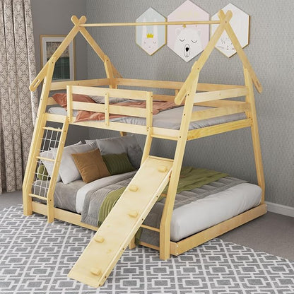KOTEK Twin Over Queen Bunk Bed, House Bunk Beds with Climbing Nets and Ramp, No Box Spring Needed, Solid Wood Low Bunk Bed Frame for Kids Boys Girls (Natural)