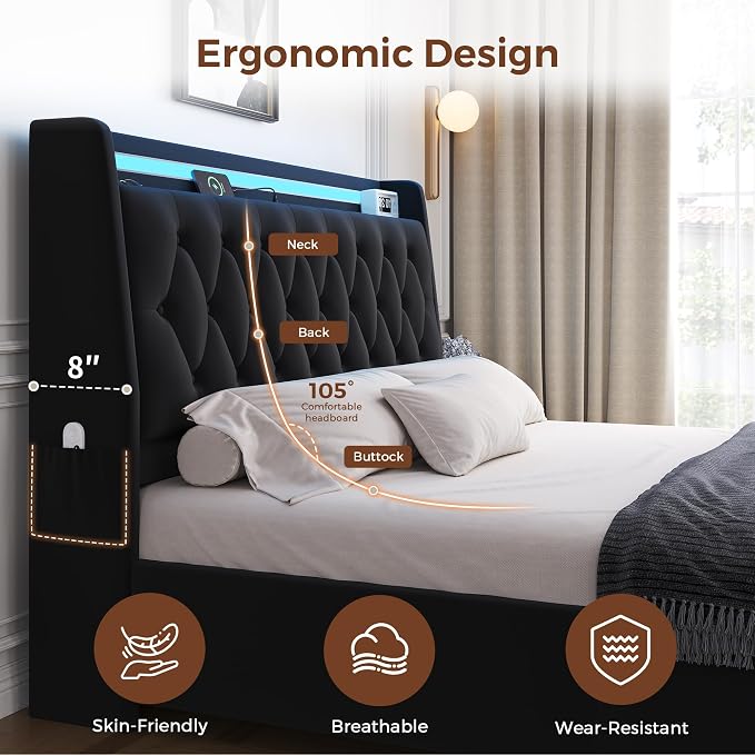 Full LED Velvet Bed Frame with 2 Storage Drawers&Hidden Headboard, Upholstered Platform Bed with Charging Station&Button Tufted Design, Wooden Slats Support, Box Spring Optional, Easy Assembly, Black