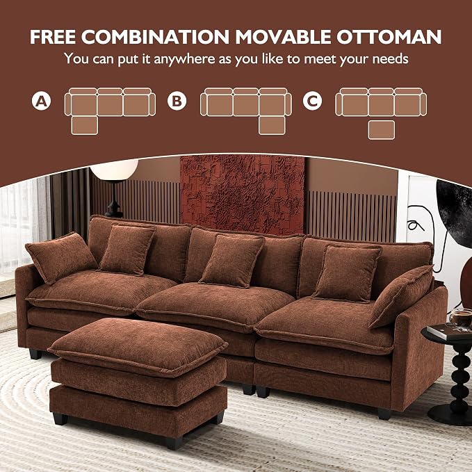 Ihanherry 111.4" L Shaped Modern Sofa Modular Sectional Luxurious and Comfortable with Ottoman, 4-Seat Chenille Deep Seat Sofa with Pillow for Living Room, Bedroom and Apartment, Brick Red