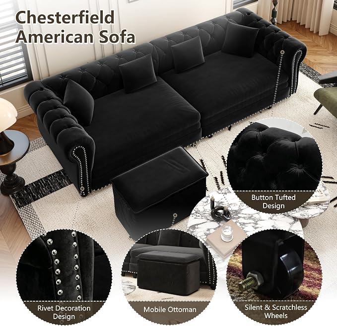 89" Velvet Convertible Sofa Bed Couch - Queen Sleeper Sofa with Ottoman, Button Tufted Chesterfield Sofa, King Size Pull Out Sleeper Couch Bed for Small Spaces Apartments, Living Room, Black