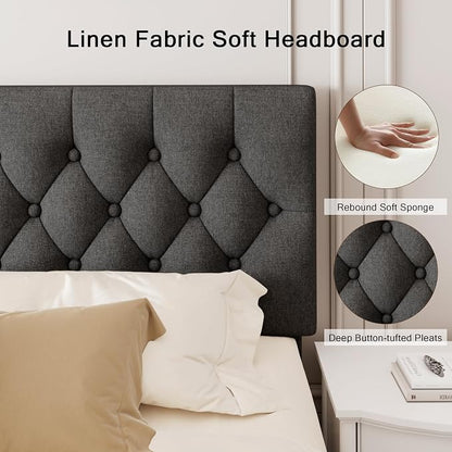 Einhomn King Size Upholstered Bed Frame with Headboard, Tufted Button Linen Bed Base, Platform Bed with Heavy Duty Wood Slat Support, No Box Spring Needed, Easy Assembly, Noise-Free, Dark Grey