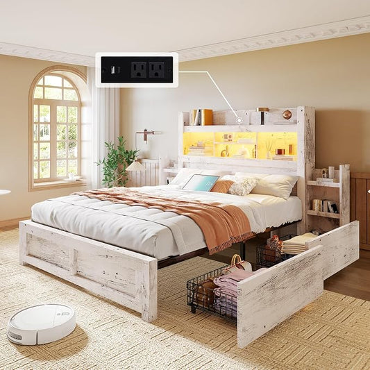 LUXOAK Queen Bed Frame with 49.6" Bookcase Headboard & 4 Drawers & 2 Detachable Bedside Stoage Racks, Farmhouse Wood Bed Frame with RGB LED & Charging Station, No Box Spring Needed, Distressed White